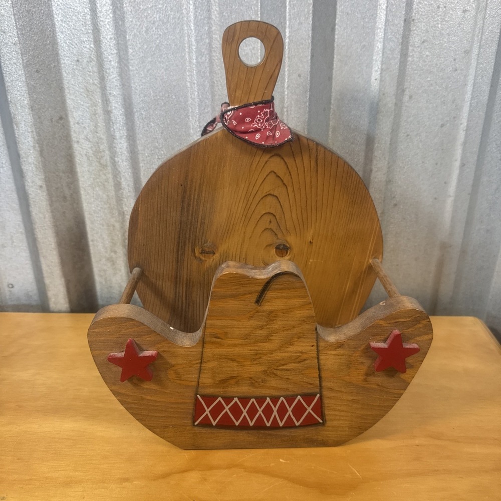 Western Cowboy Hat Wooden Paper Plate Holder Red Bandana BBQ Kitchen Decor